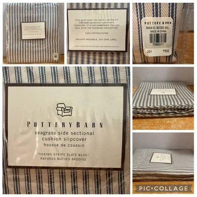 Cojín seccional lateral Pottery Barn Seagrass funda a rayas azul pizarra NUEVO Foto 1 de 4