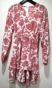 Women's Red & White Floral Long Sleeve V-Neck Tiered Hem Romper Size L *NWOT* - Picture 1 of 2