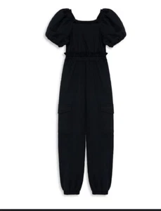 Habitual Girl Puff Sleeve Black Ruched Cargo Smocked Pull On Jumpsuit Big Kid 16 - Picture 1 of 9