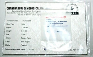 3mm Square Facet .011 Ct. Blue-purple Iolite Flawless with 2001 Appraisal, New - Picture 1 of 2