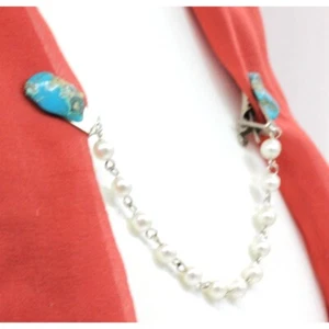VINTAGE TURQUOISE nuggets, pearls scarf clip/sweater guard 1950's EUC 7" - Bild 1 von 9