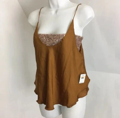 Free People Tank Top Size S Turn It On Camisole Sequin Amber Satin $68 NWT - Image 1 of 4