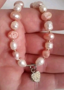 Genuine peach/pink pearl Sterling silver Heart Charm Bracelet - Picture 1 of 6
