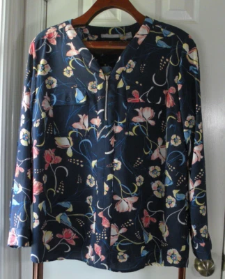 Blusa Valerie Stevens Manga Larga Cuello en V XL 1/4 Cremallera Azul Floral Foto 1 de 4