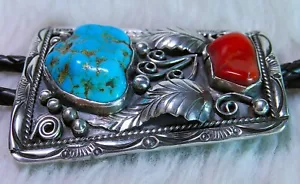 BOLD Navajo Turquoise, Red Coral Bolo tie - Picture 1 of 5