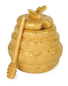 Honey Pot & Dipper Bee Honeycomb Yellow Stoneware Boston International - Picture 1 of 5