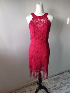 Chi chi London Short Dress size 10 Tasselled Fringed going out red lace Bodycon 