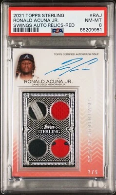 2021 Topps Sterling Ronald Acuna Jr. Swings Quad Jersey Auto Red /5 PSA 8 MS328 - Image 1 of 2