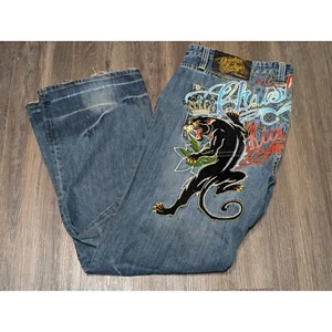 Pantalones de mezclilla Christian Audigier con gráficos de pantera bordados talla Y2K 38x34 - Imagen 1 de 8