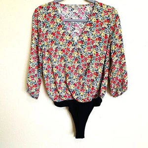 Pleione roter Body Damen Blumen Faux Wickel Style tiefer Ausschnitt Gr. S - Bild 1 von 9