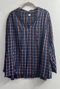 Old Navy Blouse Women XXL 2XL Blue Pink Plaid Long Sleeve Tunic V Neck Peasant - Picture 1 of 10