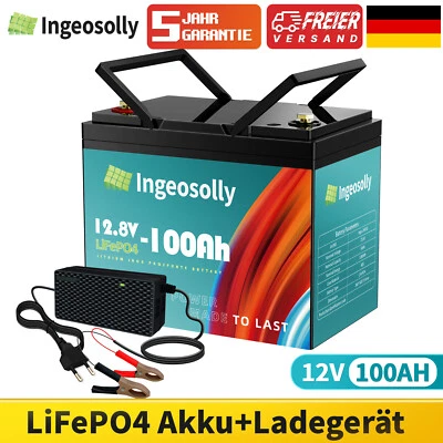 INGEOSOLLY 12V 100Ah LiFePO4 Lithium Batterie Akku Solaranlage Wohnmobil Boot Solarbatterie