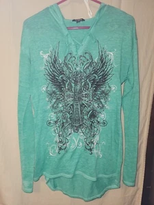 Ransom Women's L Very Light Weight Hooded Top Sequin Cross & Wings Green/Teal - Picture 1 of 4