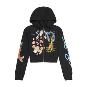 NWT ED HARDY Phoenix Y2K Full Zip Cropped Hoodie Black Size XS - Picture 1 of 3