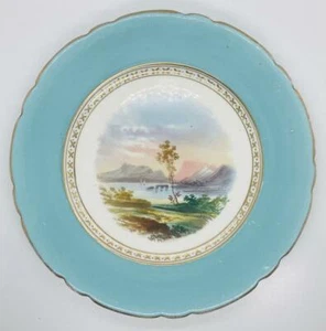 Schöner Vintage Schrank Teller mit Seeszene & Bergen; türkisfarbener Rand - Bild 1 von 5