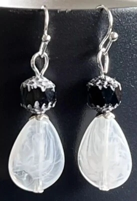 Etched Silver with Black and White Teardrop Dangle Earrings. Bloom - Image 1 of 3