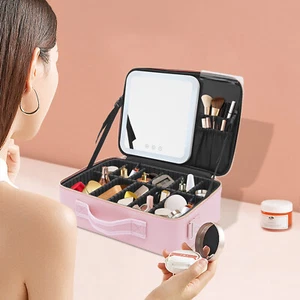 1Pack Stylish+Exquisit Pink Makeup Bag with Mirror & Lights Three Color Lighting - Picture 1 of 23