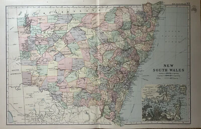 1893 New South Wales with inset of Sydney Original Antique Map by G.W. Bacon - Image 1 of 3