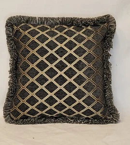 grey chenille plaid decorative throw pillow with heavy fringe 17x17 - Picture 1 of 1