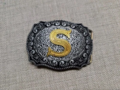 vintage "S" belt buckle MONOGRAM engraved WESTERN cowboy METAL silver gold - Image 1 of 4