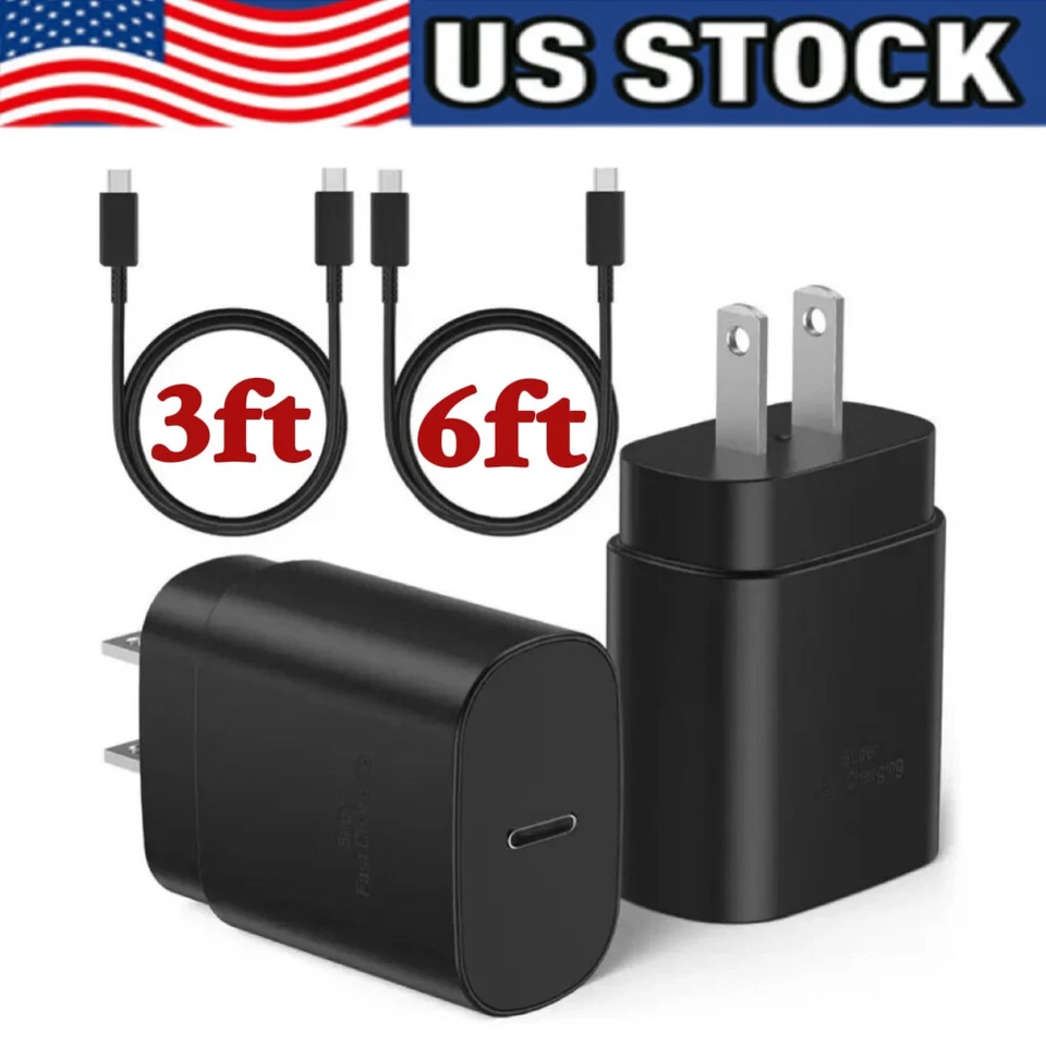 Cargador de pared rápido tipo USB-C de 25 W + cable de 6 pies para Galaxy S24 S23 S20 S21 lote de 5G EE. UU. Foto 1 de 4