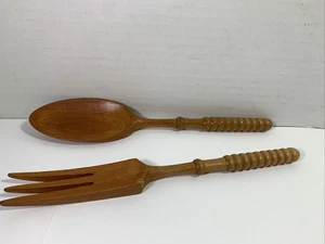 Vintage MCM Wooden Salad Serving Fork & Spoon Kitchen Utensil Set - Picture 1 of 11