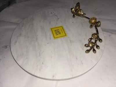 Marble White 16" Lazy Susan 15lb With Golden Bird On Branch New - Image 1 of 4