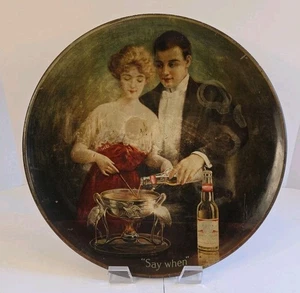 Antiguo letrero de cargador de metal publicitario Budweiser "Say When" 15,75"D cerveza de 1890 - Imagen 1 de 12