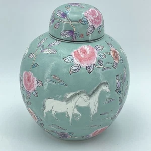 Vintage Chinese Ginger Jar Floral Horse Motif Green Pink Porcelain 8” Marked - Picture 1 of 9