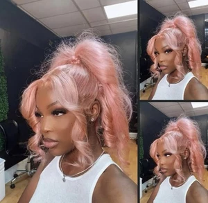 Pelucas delanteras de encaje rosa claro sueltas ondas rizadas 100 % pelucas de cabello humano - Imagen 1 de 4