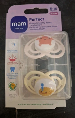 MAM Perfect Baby Pacifiers 2-Pack 6M-16M Crab & Fish Silicone Thin Flexible Nip - Image 1 of 4