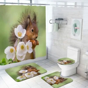 Floral Squirrel Waterproof Shower Curtain Set Non-Slip Bath Mat Toilet Lid Cover - Picture 1 of 13