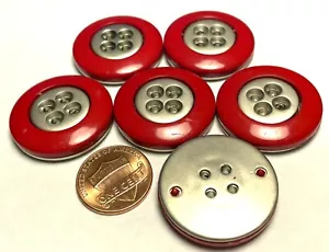 6 Large Glossy Red Silver Tone Plastic Metallized Back Buttons 28mm 1 1/8" 12728 - Picture 1 of 3