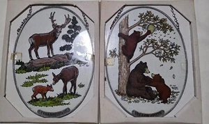 2 Vtg YellowStone Oval 1991 Window Picture Mama Bear 2 cubs and Family of Deer - Picture 1 of 5