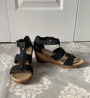 Sapatos Dr. Scholl’s - Biqueira aberta preta e bronzeada com alças Barton Wedges - Imagem 1 de 4