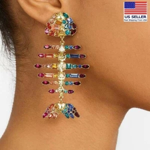 Fashion Women Crystal Jewelry Earrings Big Gold Fish Bone Style Studs 0676 - Picture 1 of 6