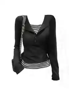 Nuevo Diseño Moda Camisetas Mujeres Cuello Cuadrado Falso Dos Piezas Top Rayas L... - Imagen 1 de 9