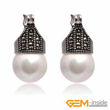 12mm Round Gemstone Tibetan Silver Marcasite Huggie Dangle Jewelry Earrings