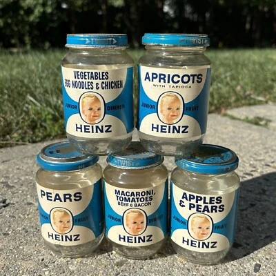 LOTE de 5 tarros de comida vintage de vidrio para bebés Heinz Foto 1 de 4