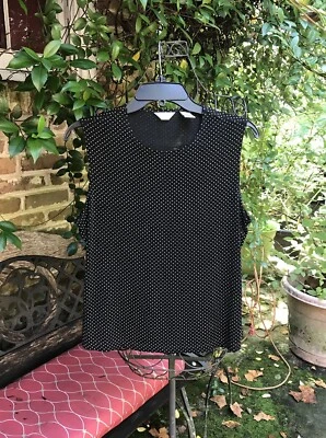 🍁Laura Ashley - CAMISETA SIN MANGAS DE VIAJE CON ESTAMPADO DE PUNTOS NEGROS - Pequeña Grande - Usada en Excelente Condición Foto 1 de 4