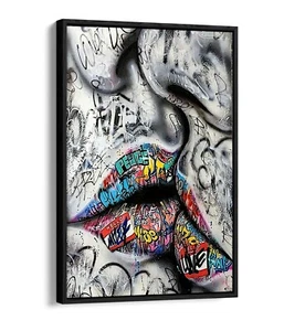 LOVERS KISS GRAFFITI -DEEP FLOATER/FLOAT EFFECT FRAMED CANVAS WALL ART PRINT- - Picture 1 of 12
