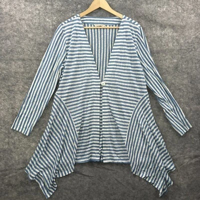 Suéter Soft Surroundings Mujer Grande Azul Blanco Rayas Lino Playa Cárdigan Foto 1 de 4