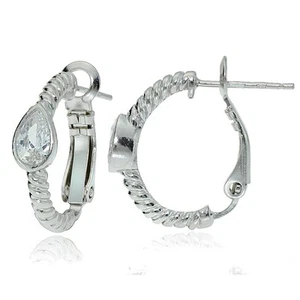 Sterling Silver Cubic Zirconia Teardrop Oval J-Hoop Earrings - Picture 1 of 3