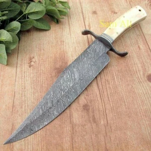 CUCHILLO BOWIE DE CAZA OCCIDENTAL HECHO A MANO DAMASCO 15" MANGO HUESO DE CAMELLO - Imagen 1 de 4