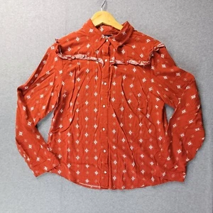 Wrangler Top Womens Large Shirt Brown Blouse Classic Collar Ruffle Western Retro - Picture 1 of 11