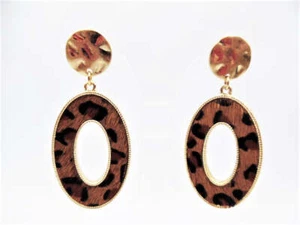 Pierced 2 1/4"gold, brown, black hairy animal print dangle oval hoop earrings - Picture 1 of 3