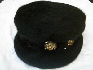 Vintage Black Cloche Hat Llamasene Wire Flowers Rhinestones Size Large - Picture 1 of 10