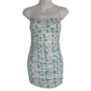 Lucy in the Sky Mini Dress Size Small White Blue Western Ruched Bodycon Backless - Picture 1 of 12