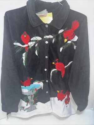 NWT Quacker Factory Large Black,White & Red Fleece Jacket Cardinals Christmas - Image 1 of 4