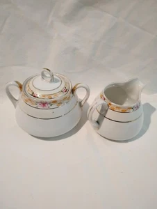 Noritake Elfenbein Porzellan Deckel Zuckerdose & Milchkännchen Japan Floral Gold Handbemalt - Bild 1 von 12